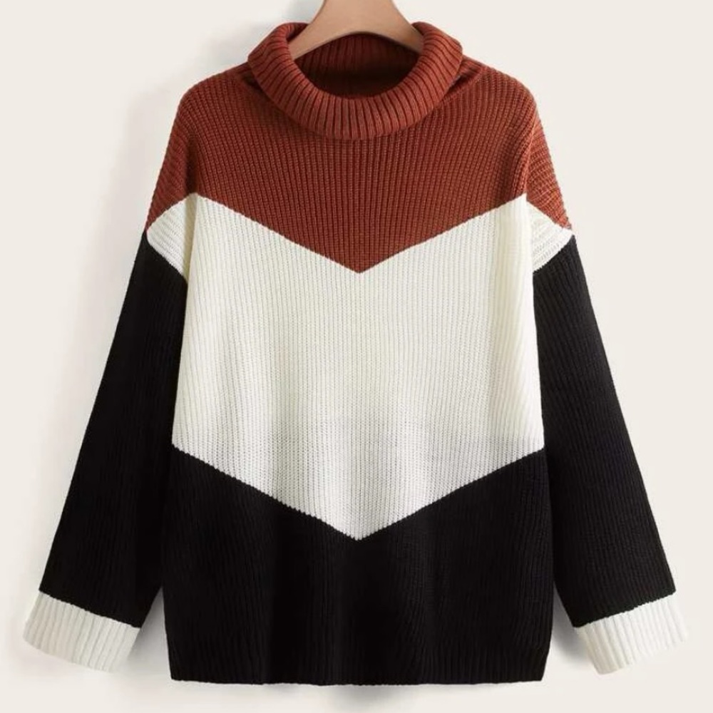 SHEIN Plus Colorblock Chevron Pattern High Neck Sweater